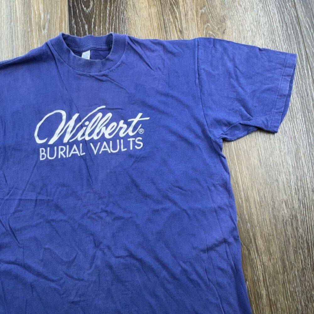 Vintage Wilbert Burial Vaults Shirt Mens L Blue Coffin Graveyard Casket 70s 80s
